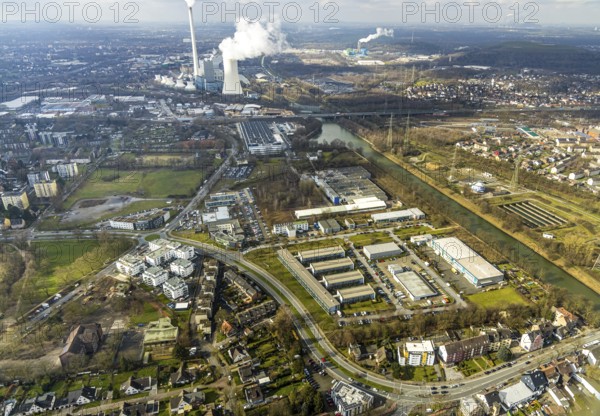 Aerial view, industrial area at the Rhine-Herne Canal Westring / Bahnhohstraße with Bofrost / bush Jäger / Logiball / LSBit, company for mechanical engineering Sinterwerke, in the background Steag Heizkrftwerk, Seniorcampus Herne - Protea wohnen am Schloss, Herne, Ruhr area, North Rhine-Westphalia, Germany, DE, Europe, birds-eyes, view, aerial view, aerial photography, aerial photography, overview, overview, bird's eye view, industry, trade, economy, business, production, trade, living, in, old age, retirement home, nursing home, energy, wind energy, power plant, electricity, power supply, electricity, power generation, power production