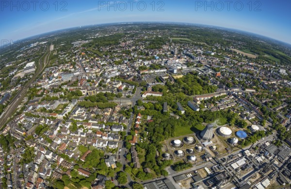 Aerial view, townscape with fisheye lens, overview, Neustraße, Westring, Herne, Ruhr area, North Rhine-Westphalia, Germany, City, DE, Europe, fisheye lens, aerial view, aerial photography, aerial photography, townscape, city area, super wide angle lens, bird's eye view, bird's eye view, overview