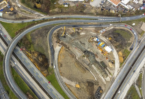 Aerial view, motorway junction 21 Herne, intersection of the A42 and A43 motorways, new construction of a 550m long tunnel in so-called open construction method to be completed in 2022, Herne, Ruhr area, North Rhine-Westphalia, Germany, DE, Europe, birds-eyes, view, aerial photograph, aerial photography, aerial photography, overview, overview, bird's eye view, transport, traffic, infrastructure, logistics, road traffic, road construction, traffic routing, road traffic, railway line, railway network, transport system, train traffic, freight traffic, railway network
