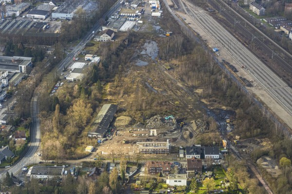 Aerial view, Future construction area Hunbergstraße / Castroper Straße with construction site of the new fire station, Herne, Ruhr area, North Rhine-Westphalia, Germany, DE, Europe, birds-eyes, view, aerial photograph, aerial photography, aerial photography, overview, bird's eye view, construction, construction area, construction planning, construction areas, fire station, rescue service, fire engine, fire fighting, emergency supply