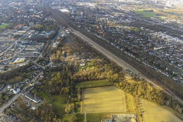 Aerial view, Horsthausen shunting tracks and of the derelict site of the former engine shed on Hunbergstraße, Herne, Ruhr area, North Rhine-Westphalia, Germany, DE, Europe, birds-eyes, view, aerial photograph, aerial photography, aerial photography, overview, overview, bird's eye view, former, industrial site, structural change