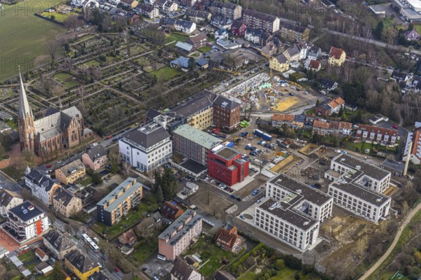 Aerial view, health campus, senior centre Widumer Höfe, on the campus of the St.Elisabeth Group, at the Marienhospital-Herne II and nursing school, next to the Catholic Church St.Peter and Paul and, construction site new residential complex Widumer Quartier, in Sodingen in Herne, Ruhr area, North Rhine-Westphalia, Germany, Herne, DE, Europe, birds-eyes, view, aerial view, aerial photography, aerial photography, overview, overview, bird's eye view, living, in, old age, retirement home, nursing home, health, care, doctors, medicine, surgery, therapy, house of God, religion, faith, worship, mass