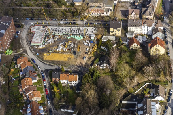 Aerial view, health campus, senior centre Widumer Höfe, on the campus of the St.Elisabeth Group, at the Marienhospital-Herne II and nursing school, next to the Catholic Church St.Peter and Paul and, construction site new residential complex Widumer Quartier, in Sodingen in Herne, Ruhr area, North Rhine-Westphalia, Germany, Herne, DE, Europe, birds-eyes, view, aerial view, aerial photography, aerial photography, overview, overview, bird's eye view, living, in, old age, retirement home, nursing home, health, care, doctors, medicine, surgery, therapy, house of God, religion, faith, worship, mass