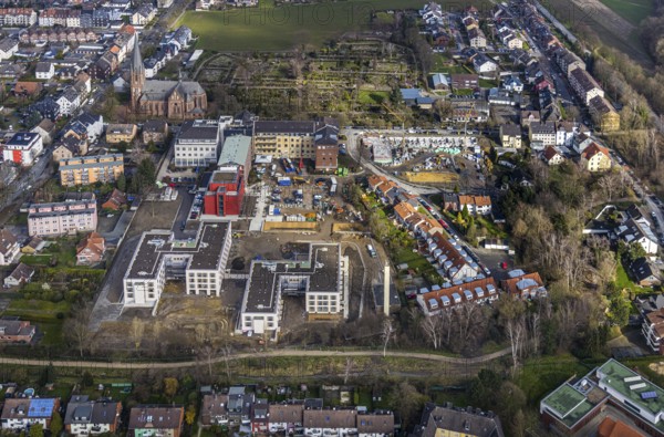 Aerial view, Widumer Höfe senior centre on the campus of the St.Elisabeth Group at Marienhospital-Herne II and nursing school next to the Catholic Church of St.Peter and Paul and construction site of new residential complex Widumer Quartier in Sodingen in Herne, Ruhr area, North Rhine-Westphalia, Germany, Herne, DE, Europe, birds-eyes, view, aerial view, aerial photography, aerial photography, overview, overview, bird's eye view, living, in, old age, retirement home, nursing home, health, care, doctors, medicine, surgery, therapy, house of God, religion, faith, worship, mass