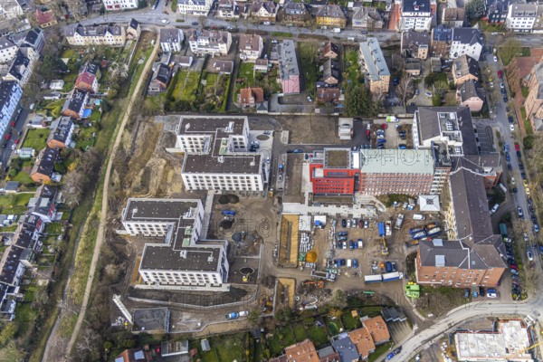 Aerial view, health campus, senior centre Widumer Höfe, on the campus of the St.Elisabeth Group, at the Marienhospital-Herne II and nursing school, next to the Catholic Church St.Peter and Paul and, construction site new residential complex Widumer Quartier, in Sodingen in Herne, Ruhr area, North Rhine-Westphalia, Germany, Herne, DE, Europe, birds-eyes, view, aerial view, aerial photography, aerial photography, overview, overview, bird's eye view, living, in, old age, retirement home, nursing home, health, care, doctors, medicine, surgery, therapy, house of God, religion, faith, worship, mass