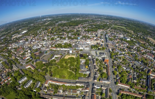 Aerial view, townscape with fisheye lens, park at Bergelmanns Hof, cultural centre Herne, town hall, city library Herne, city overview, Westring, Herne, Ruhr area, North Rhine-Westphalia, Germany, City, DE, Europe, fisheye lens, aerial view, aerial photography, aerial photography, location view, townscape, city area, super wide angle lens, overview, bird's eye view, bird's eye view, overview