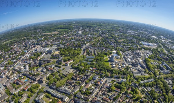 Aerial view, townscape with fisheye lens, overview, Ineos Herne, chemical plant, town hall, Westring, city overview, Herne, Ruhr area, North Rhine-Westphalia, Germany, City, DE, Europe, fisheye lens, aerial view, aerial photography, aerial photography, townscape, city area, super wide angle lens, bird's eye view, bird's eye view, overview