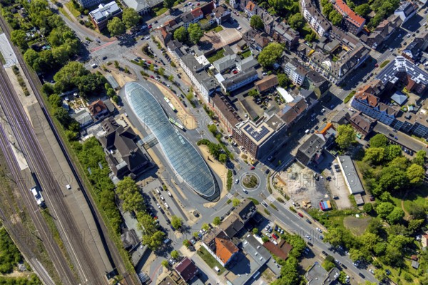 Aerial view, futuristic bus station at Herne railway station, Herne, Ruhr area, North Rhine-Westphalia, Germany, Herne railway station, bus station, bus stop, DE, Europe, roundabout, aerial view, aerial photography, aerial photography, overview, bird's eye view, birds-eyes view, futuristic, overview