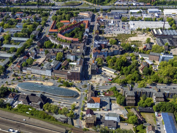 Aerial view, futuristic bus station at Herne railway station, Herne, Ruhr area, North Rhine-Westphalia, Germany, Herne railway station, bus station, bus stop, DE, Europe, roundabout, aerial view, aerial photography, aerial photography, overview, bird's eye view, residential area Bahnhofstraße, birds-eyes view, futuristic, overview