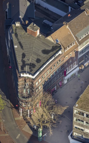 Aerial view, listed office building and commercial building with round balcony, at Westentor, Ritterstraße corner Weststraße, centre, Hamm, Ruhr area, North Rhine-Westphalia, Germany