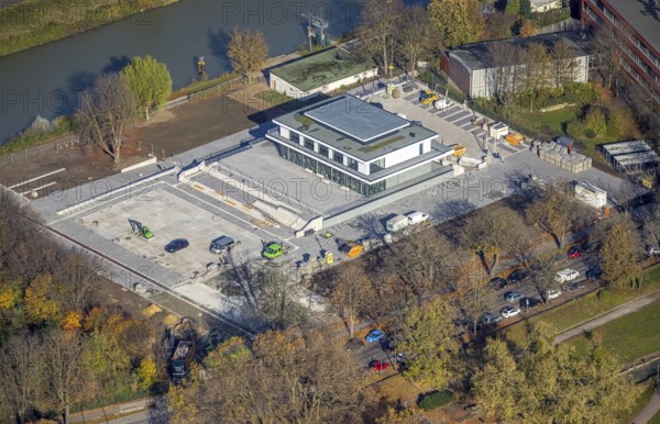 Aerial view, new construction water sports centre, construction area Adenauerallee, at Hammonense grammar school, Hamm, Ruhr area, North Rhine-Westphalia, Germany, construction work, construction vehicles, construction area, construction site, building plots, construction crane, construction measure, construction project, construction site, education, educational institution, DE, development, Europe, grammar school, canal edge, teaching institute, aerial view, aerial photography, aerial photography, new construction, school, overview, bird's eye view, water sports, birds-eyes view, overview