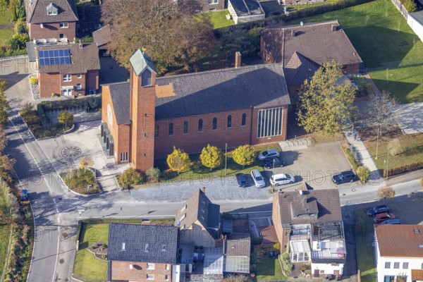 Aerial view, Catholic Church of the Holy Family, Rhynern, Hamm, Ruhr area, North Rhine-Westphalia, Germany, place of worship, DE, Delpstraße, Europe, religious community, place of worship, sacred site, church, parish, denomination, aerial view, aerial photography, aerial photography, religion, religious site, overview, bird's-eye view, overview