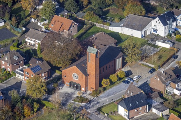 Aerial view, Catholic Church of the Holy Family, Rhynern, Hamm, Ruhr area, North Rhine-Westphalia, Germany, place of worship, DE, Delpstraße, Europe, religious community, place of worship, sacred site, church, parish, denomination, aerial view, aerial photography, aerial photography, religion, religious site, overview, bird's-eye view, overview