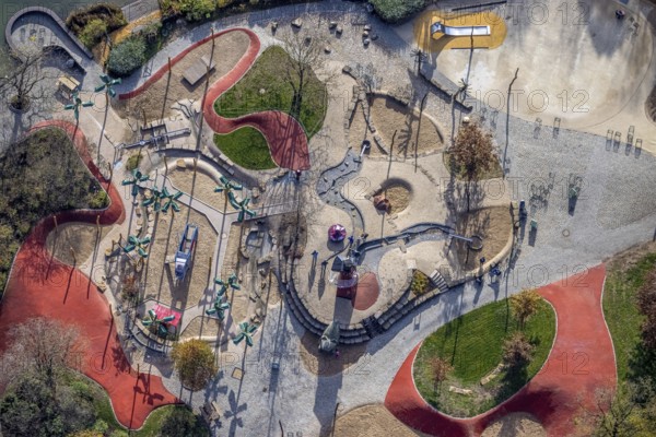 Aerial view, Maximilianpark Hamm, children's playground, Uentrop, Hamm, Ruhr area, North Rhine-Westphalia, Germany, DE, Europe, leisure park, site of the disused Maximilian colliery, glass elephant landmark, aerial view, aerial photography, aerial photography, MaxiPark, playground, overview, bird's-eye view, overview