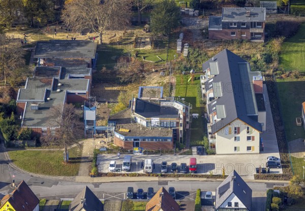 Aerial view, Protestant kindergarten, renovation, new building, Rhynern, Hamm, Ruhr area, North Rhine-Westphalia, Germany, construction work, construction area, construction site, construction measure, construction site, DE, Dietrich-Bonhoeffer-Straße, Europe, kindergarten, day-care centre, day-care centre, aerial photograph, aerial photography, aerial photography, new building, renovation, overview, bird's-eye view, overview