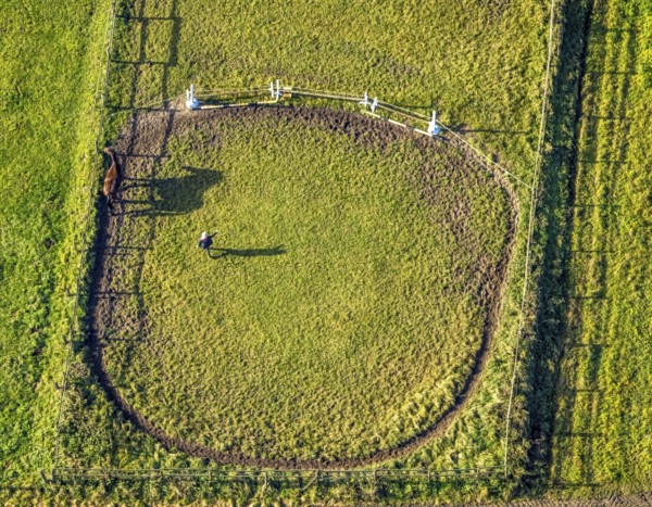 Aerial view, riding area, horse walker, Geithe, Uentrop, Hamm, Ruhr area, North Rhine-Westphalia, Germany, DE, Europe, aerial view, aerial photography, aerial photography, horses, equestrian sport, horse training, riding centre Geithe, riding facility, riding school, overview, bird's-eye view, overview