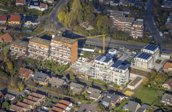 Aerial view, construction site, new building, Augenweide residential complex, condominiums and penthouses, Grenzweg, Uentrop, Hamm, Ruhr area, North Rhine-Westphalia, Germany, construction work, construction area, building site, building plots, construction project, DE, development, Europe, property tax, real estate, capacity requirement, aerial photograph, aerial photography, aerial photography, new building, overview, bird's eye view, residential complex, living and living, residential buildings, quality of living, residential neighbourhood, bird's eye view, overview