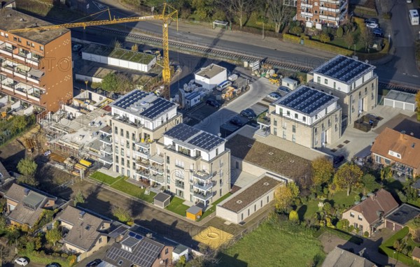 Aerial view, construction site, new building, Augenweide residential complex, condominiums and penthouses, Grenzweg, Uentrop, Hamm, Ruhr area, North Rhine-Westphalia, Germany, construction work, construction area, building site, building plots, construction project, DE, development, Europe, property tax, real estate, capacity requirement, aerial photograph, aerial photography, aerial photography, new building, overview, bird's eye view, residential complex, living and living, residential buildings, quality of living, residential neighbourhood, bird's eye view, overview
