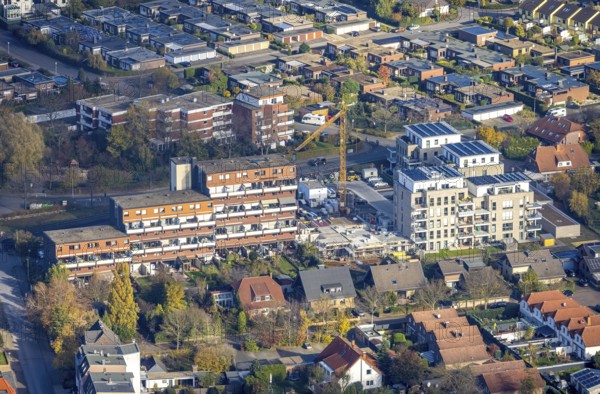 Aerial view, construction site, new building, Augenweide residential complex, condominiums and penthouses, Grenzweg, Uentrop, Hamm, Ruhr area, North Rhine-Westphalia, Germany, construction work, construction area, building site, building plots, construction project, DE, development, Europe, property tax, real estate, capacity requirement, aerial photograph, aerial photography, aerial photography, new building, overview, bird's eye view, residential complex, living and living, residential buildings, quality of living, residential neighbourhood, bird's eye view, overview