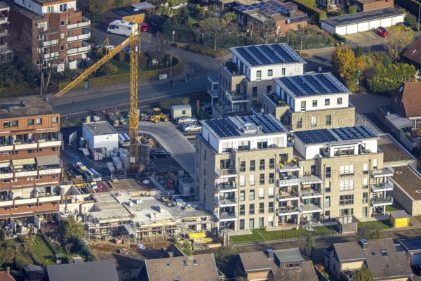 Aerial view, construction site, new building, Augenweide residential complex, condominiums and penthouses, Grenzweg, Uentrop, Hamm, Ruhr area, North Rhine-Westphalia, Germany, construction work, construction area, building site, building plots, construction project, DE, development, Europe, property tax, real estate, capacity requirement, aerial photograph, aerial photography, aerial photography, new building, overview, bird's eye view, residential complex, living and living, residential buildings, quality of living, residential neighbourhood, bird's eye view, overview