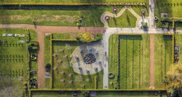 Aerial view, southern cemetery, columbarium, urn stone pillars, centre, Hamm, Ruhr area, North Rhine-Westphalia, Germany, burial site, DE, Europe, shapes and colours, cemetery, memorial, place of worship, gravestone, graves, burial ground, circular shape, aerial view, aerial photography, aerial photography, resting place, overview, urn grave pillar, bird's eye view, birds-eyes view, overview