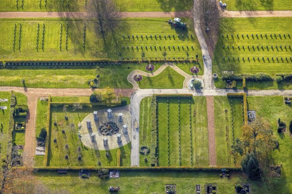 Aerial view, southern cemetery, columbarium, urn stone pillars, centre, Hamm, Ruhr area, North Rhine-Westphalia, Germany, burial site, DE, Europe, shapes and colours, cemetery, memorial, place of worship, gravestone, graves, burial ground, circular shape, aerial view, aerial photography, aerial photography, resting place, overview, urn grave pillar, bird's eye view, birds-eyes view, overview