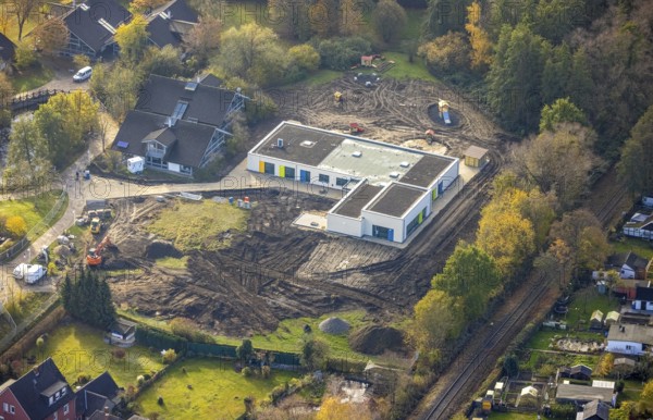 Aerial view, construction site, new day care centre, former Glunz village, Caldenhofer Weg, Mitte, Hamm, Ruhr area, North Rhine-Westphalia, Germany, Ahsestrolche, construction work, construction, construction area, building site, building plots, construction project, construction site, DE, Europe, kindergarten, day care centre, day care centre, aerial view, aerial photography, aerial photography, new building, overview, bird's-eye view, overview