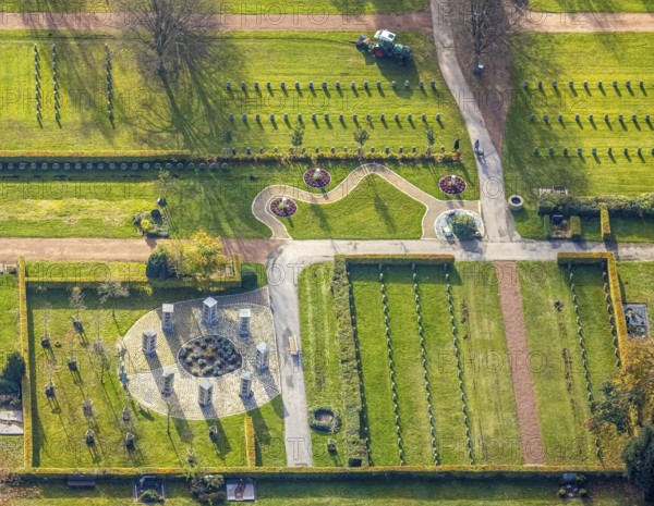 Aerial view, southern cemetery, columbarium, urn stone pillars, centre, Hamm, Ruhr area, North Rhine-Westphalia, Germany, burial site, DE, Europe, shapes and colours, cemetery, memorial, place of worship, gravestone, graves, burial ground, circular shape, aerial view, aerial photography, aerial photography, resting place, overview, urn grave pillar, bird's eye view, birds-eyes view, overview