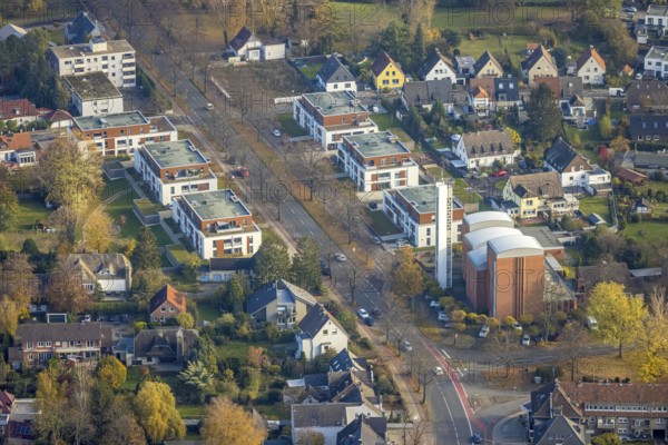 Aerial view, St. Georgs-Kirche, construction site new building residential complex Lippestraße, Stadttor Ost, Uentrop, Hamm, Ruhr area, North Rhine-Westphalia, Germany, place of worship, building area, building site, building plots, building project, DE, Europe, religious community, place of worship, property tax, holy place, real estate, church, parish, denomination, aerial view, aerial photography, aerial photography, new building, religion, religious site, overview, bird's-eye view, housing estate, housing and living, residential area, residential buildings, residential quality, residential neighbourhood, housing estate, birds-eyes view, overview