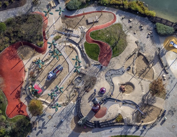 Aerial view, Maximilianpark Hamm, children's playground, Uentrop, Hamm, Ruhr area, North Rhine-Westphalia, Germany, DE, Europe, leisure park, site of the disused Maximilian colliery, glass elephant landmark, aerial view, aerial photography, aerial photography, MaxiPark, playground, overview, bird's-eye view, overview