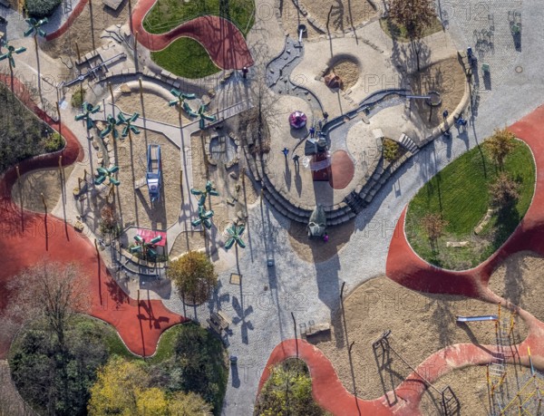 Aerial view, Maximilianpark Hamm, children's playground, Uentrop, Hamm, Ruhr area, North Rhine-Westphalia, Germany, DE, Europe, leisure park, site of the disused Maximilian colliery, glass elephant landmark, aerial view, aerial photography, aerial photography, MaxiPark, playground, overview, bird's-eye view, overview