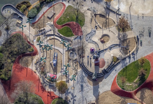 Aerial view, Maximilianpark Hamm, children's playground, Uentrop, Hamm, Ruhr area, North Rhine-Westphalia, Germany, DE, Europe, leisure park, site of the disused Maximilian colliery, glass elephant landmark, aerial view, aerial photography, aerial photography, MaxiPark, playground, overview, bird's-eye view, overview
