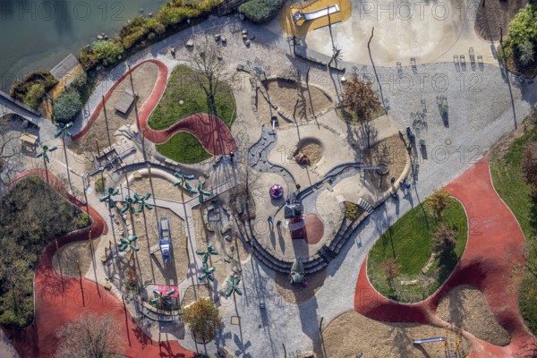 Aerial view, Maximilianpark Hamm, children's playground, Uentrop, Hamm, Ruhr area, North Rhine-Westphalia, Germany, DE, Europe, leisure park, site of the disused Maximilian colliery, glass elephant landmark, aerial view, aerial photography, aerial photography, MaxiPark, playground, overview, bird's-eye view, overview