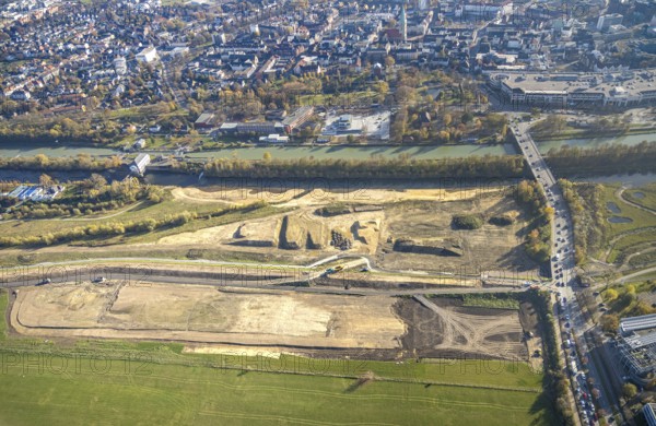 Aerial photo, Lippe reconstruction Hamm, Lippe floodplain recreation area, City of Hamm, Lippe floodplain recreation area, Hamm-Lippewiesen airfield, LSC-Hamm, EDLH, Lippe floodplain in the city centre area, reconstruction of the floodplain landscape, Lippe floodplain recreation area Hamm Heessen construction site, Hamm, Ruhr area, North Rhine-Westphalia, Germany, DE, Europe, birds-eyes view, aerial photo, aerial photography, aerial photography, overview, bird's-eye view