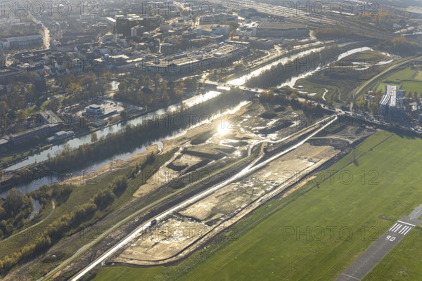 Aerial photo, Lippe reconstruction Hamm, Lippe floodplain recreation area, City of Hamm, Lippe floodplain recreation area, Hamm-Lippewiesen airfield, LSC-Hamm, EDLH, Lippe floodplain in the city centre area, reconstruction of the floodplain landscape, Lippe floodplain recreation area Hamm Heessen construction site, Hamm, Ruhr area, North Rhine-Westphalia, Germany, DE, Europe, birds-eyes view, aerial photo, aerial photography, aerial photography, overview, bird's-eye view