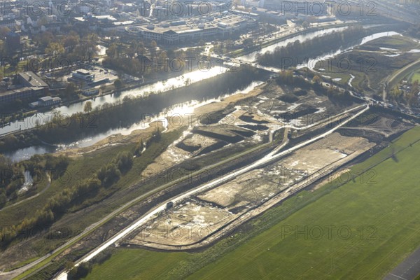 Aerial photo, Lippe reconstruction Hamm, Lippe floodplain recreation area, City of Hamm, Lippe floodplain recreation area, Hamm-Lippewiesen airfield, LSC-Hamm, EDLH, Lippe floodplain in the city centre area, reconstruction of the floodplain landscape, Lippe floodplain recreation area Hamm Heessen construction site, Hamm, Ruhr area, North Rhine-Westphalia, Germany, DE, Europe, birds-eyes view, aerial photo, aerial photography, aerial photography, overview, bird's-eye view