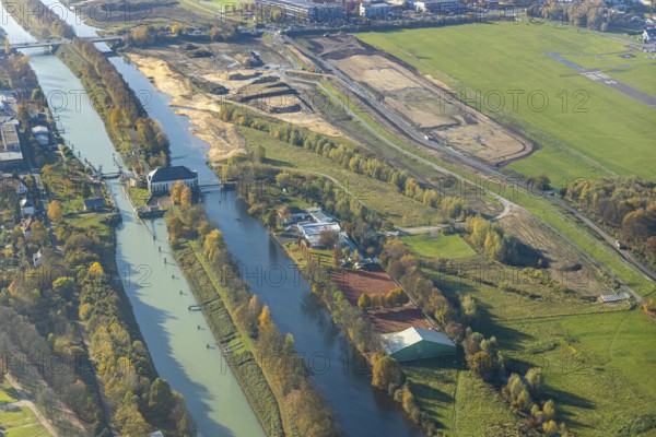 Aerial photo, Lippe reconstruction Hamm, Lippe floodplain recreation area, City of Hamm, Lippe floodplain recreation area, Hamm-Lippewiesen airfield, LSC-Hamm, EDLH, Lippe floodplain in the city centre area, reconstruction of the floodplain landscape, Lippe floodplain recreation area Hamm Heessen construction site, Hamm, Ruhr area, North Rhine-Westphalia, Germany, DE, Europe, birds-eyes view, aerial photo, aerial photography, aerial photography, overview, bird's-eye view
