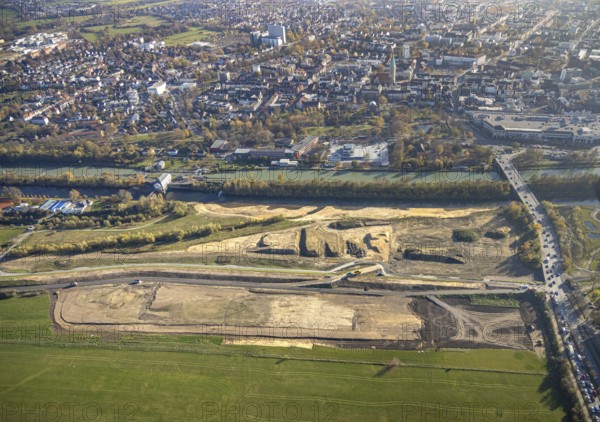 Aerial photo, Lippe reconstruction Hamm, Lippe floodplain recreation area, City of Hamm, Lippe floodplain recreation area, Hamm-Lippewiesen airfield, LSC-Hamm, EDLH, Lippe floodplain in the city centre area, reconstruction of the floodplain landscape, Lippe floodplain recreation area Hamm Heessen construction site, Hamm, Ruhr area, North Rhine-Westphalia, Germany, DE, Europe, birds-eyes view, aerial photo, aerial photography, aerial photography, overview, bird's-eye view