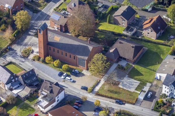 Aerial view, Catholic Church of the Holy Family, Rhynern, Hamm, Ruhr area, North Rhine-Westphalia, Germany, place of worship, DE, Delpstraße, Europe, religious community, place of worship, sacred site, church, parish, denomination, aerial view, aerial photography, aerial photography, religion, religious site, overview, bird's-eye view, overview