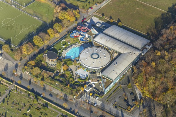 Aerial view, Maximare Erlebnistherme Bad Hamm, football ground Hammer Spielvereinigung 03/04 e.V., former Jahnstadio, former Jahnplatz, playground at the parade ground, Hammer East, Maximare, centre, Hamm, Ruhr area, North Rhine-Westphalia, Germany, DE, Europe, birds-eyes view, aerial view, aerial photography, aerial photography, overview, overview, bird's eye view