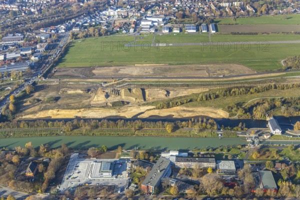 Aerial photo, Lippe reconstruction Hamm, Lippe floodplain recreation area, City of Hamm, Lippe floodplain recreation area, Hamm-Lippewiesen airfield, LSC-Hamm, EDLH, Lippe floodplain near the city centre, reconstruction of the floodplain landscape, Lippe floodplain recreation area Hamm Heessen construction site, Hamm, Ruhr area, North Rhine-Westphalia, Germany