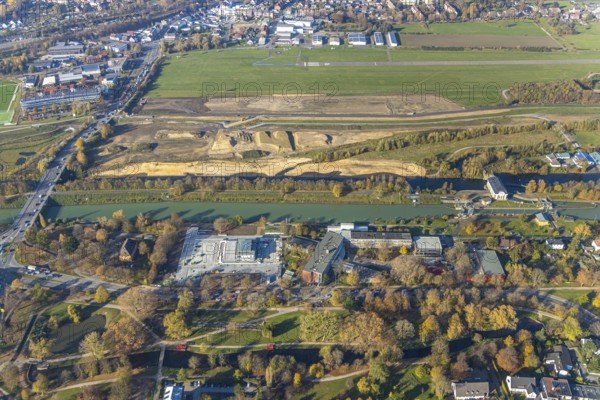 Aerial photo, Lippe reconstruction Hamm, Lippe floodplain recreation area, City of Hamm, Lippe floodplain recreation area, Hamm-Lippewiesen airfield, LSC-Hamm, EDLH, Lippe floodplain in the city centre area, reconstruction of the floodplain landscape, Lippe floodplain recreation area Hamm Heessen construction site, Hamm, Ruhr area, North Rhine-Westphalia, Germany, DE, Europe, birds-eyes view, aerial photo, aerial photography, aerial photography, overview, bird's-eye view