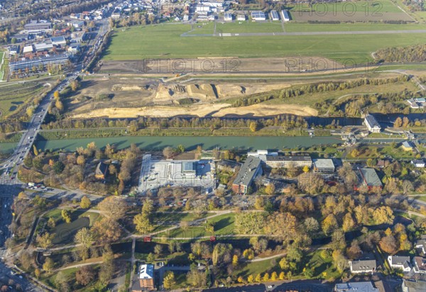 Aerial photo, Lippe reconstruction Hamm, Lippe floodplain recreation area, City of Hamm, Lippe floodplain recreation area, Hamm-Lippewiesen airfield, LSC-Hamm, EDLH, Lippe floodplain in the city centre area, reconstruction of the floodplain landscape, Lippe floodplain recreation area Hamm Heessen construction site, Hamm, Ruhr area, North Rhine-Westphalia, Germany, DE, Europe, birds-eyes view, aerial photo, aerial photography, aerial photography, overview, bird's-eye view
