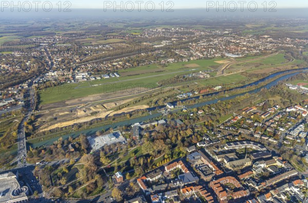 Aerial photo, Lippe reconstruction Hamm, Lippe floodplain recreation area, City of Hamm, Lippe floodplain recreation area, Hamm-Lippewiesen airfield, LSC-Hamm, EDLH, Lippe floodplain near the city centre, reconstruction of the floodplain landscape, Lippe floodplain recreation area Hamm Heessen construction site, Hamm, Ruhr area, North Rhine-Westphalia, Germany