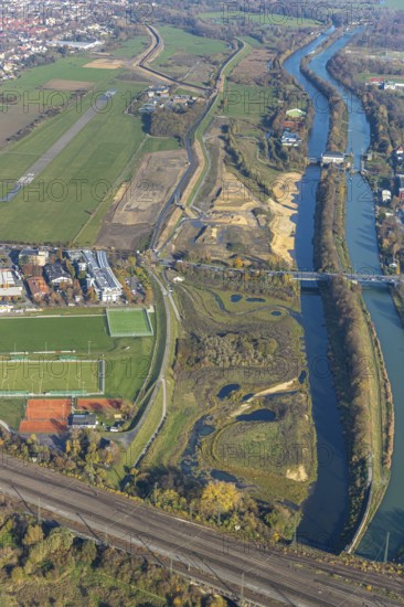 Aerial photo, Lippe reconstruction Hamm, Lippe floodplain recreation area, City of Hamm, Lippe floodplain recreation area, Hamm-Lippewiesen airfield, LSC-Hamm, EDLH, Lippe floodplain near the city centre, reconstruction of the floodplain landscape, Lippe floodplain recreation area Hamm Heessen construction site, Hamm, Ruhr area, North Rhine-Westphalia, Germany