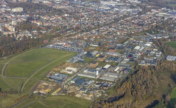 Aerial view, industrial area Radbod, former Radbod colliery, colliery towers, winding towers, car mile, Potti, AUDI Potthoff, Bockum-Hövel, Hamm, Ruhr area, North Rhine-Westphalia, Germany, DE, Europe, birds-eyes view, aerial view, aerial photography, aerial photography, overview, bird's eye view