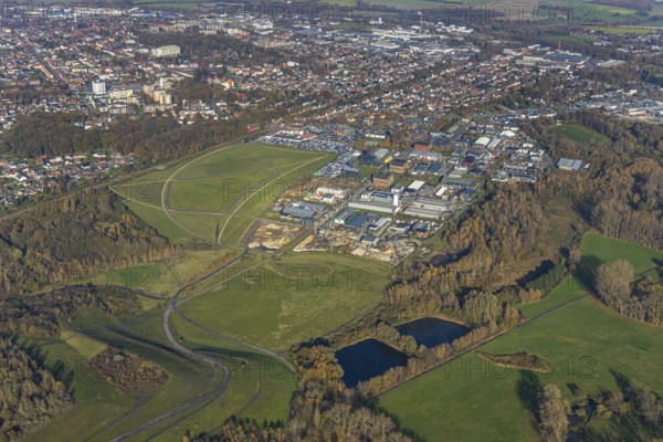 Aerial view, industrial area Radbod, former Radbod colliery, colliery towers, winding towers, car mile, Potti, AUDI Potthoff, Bockum-Hövel, Hamm, Ruhr area, North Rhine-Westphalia, Germany, DE, Europe, birds-eyes view, aerial view, aerial photography, aerial photography, overview, bird's eye view