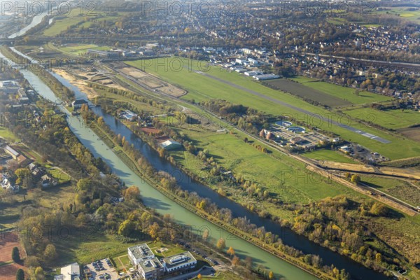 Aerial photo, Lippe reconstruction Hamm, Lippe floodplain recreation area, City of Hamm, Lippe floodplain recreation area, Hamm-Lippewiesen airfield, LSC-Hamm, EDLH, Lippe floodplain in the city centre area, reconstruction of the floodplain landscape, Lippe floodplain recreation area Hamm Heessen construction site, Hamm, Ruhr area, North Rhine-Westphalia, Germany, DE, Europe, birds-eyes view, aerial photo, aerial photography, aerial photography, overview, bird's-eye view