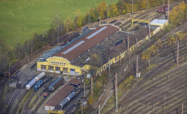Aerial view, railway hall, Rathenaustraße, shunting tracks, Pelkum, Hamm, Ruhr area, North Rhine-Westphalia, Germany, railway tracks, DE, Deutsche Bahn AG, Europe, aerial view, aerial photography, aerial photography, overview, bird's-eye view, overview