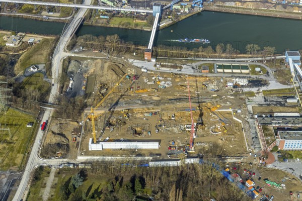 Aerial view, new construction of a gas and steam turbine power plant of STEAG at the coal-fired thermal power station, Herne, Ruhr area, North Rhine-Westphalia, Germany, DE, Europe, birds-eyes, view, aerial photograph, aerial photography, aerial photography, overview, overview, bird's eye view, energy, wind energy, power plant, electricity, power supply, electricity generation, power generation